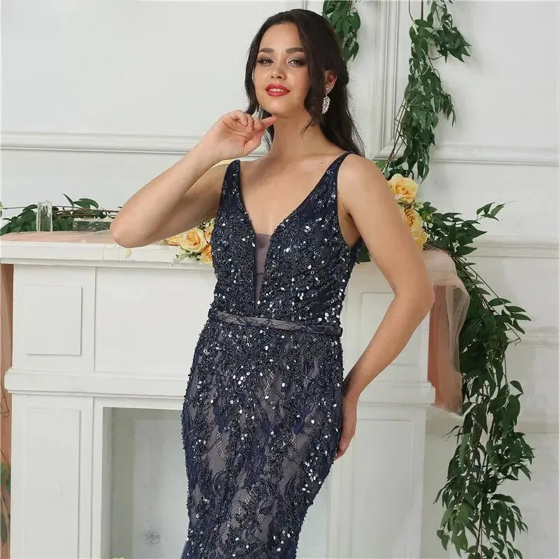 Gal Feather Beading Evening Dress