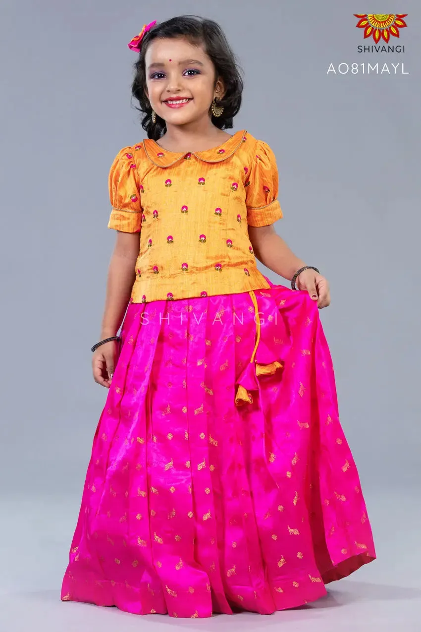 Girls Mango Yellow Pink Peacock  Pattu Pavadai