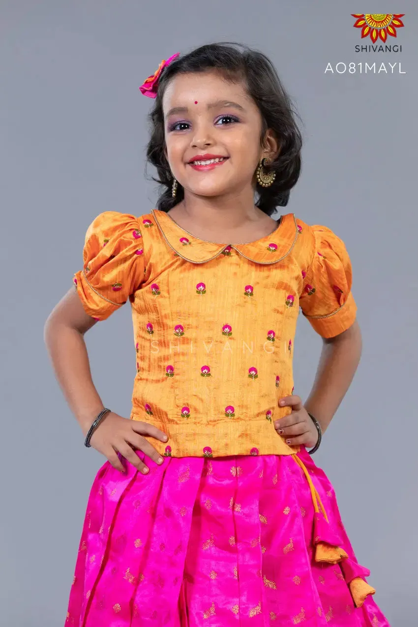 Girls Mango Yellow Pink Peacock  Pattu Pavadai