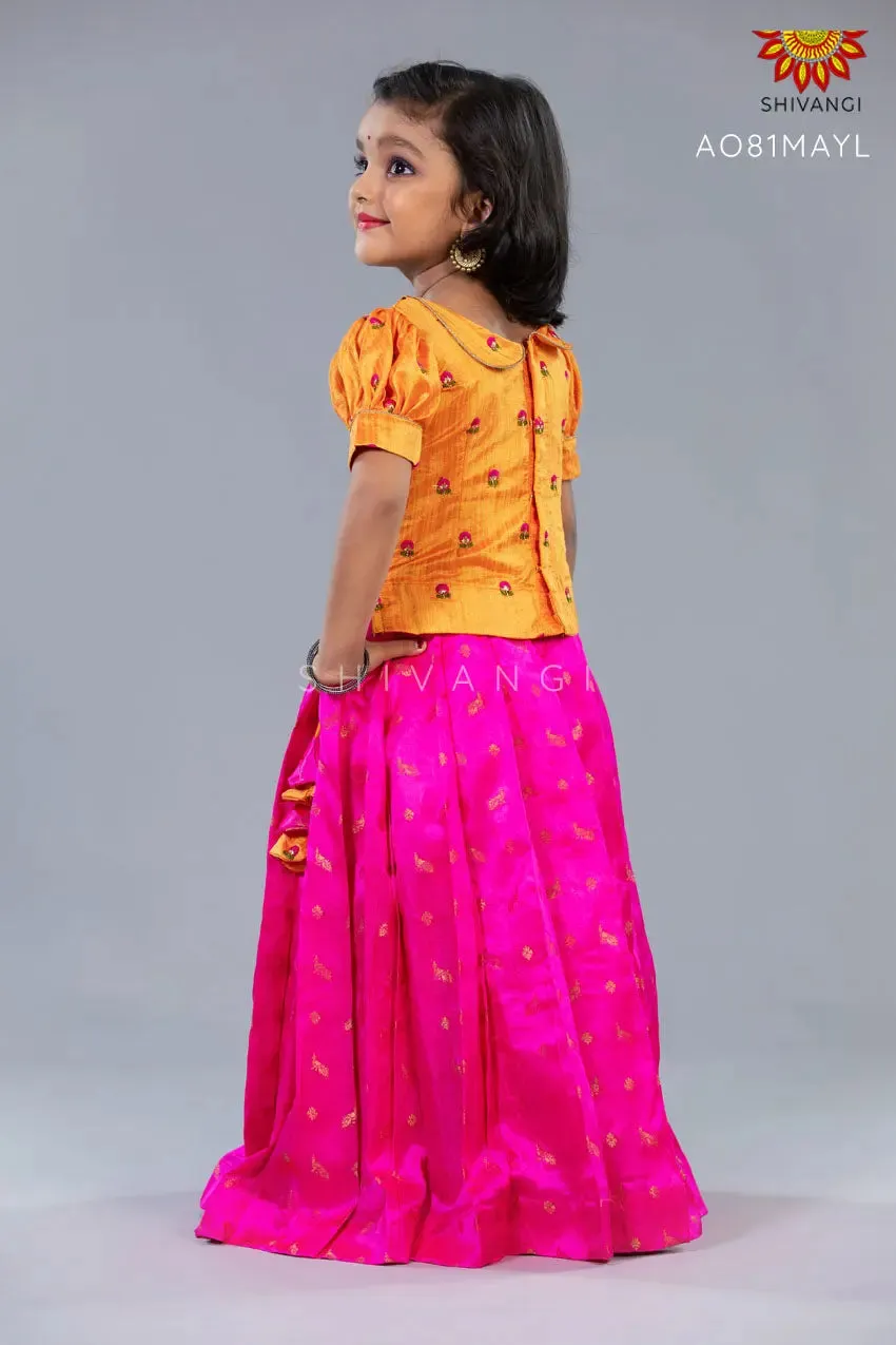 Girls Mango Yellow Pink Peacock  Pattu Pavadai