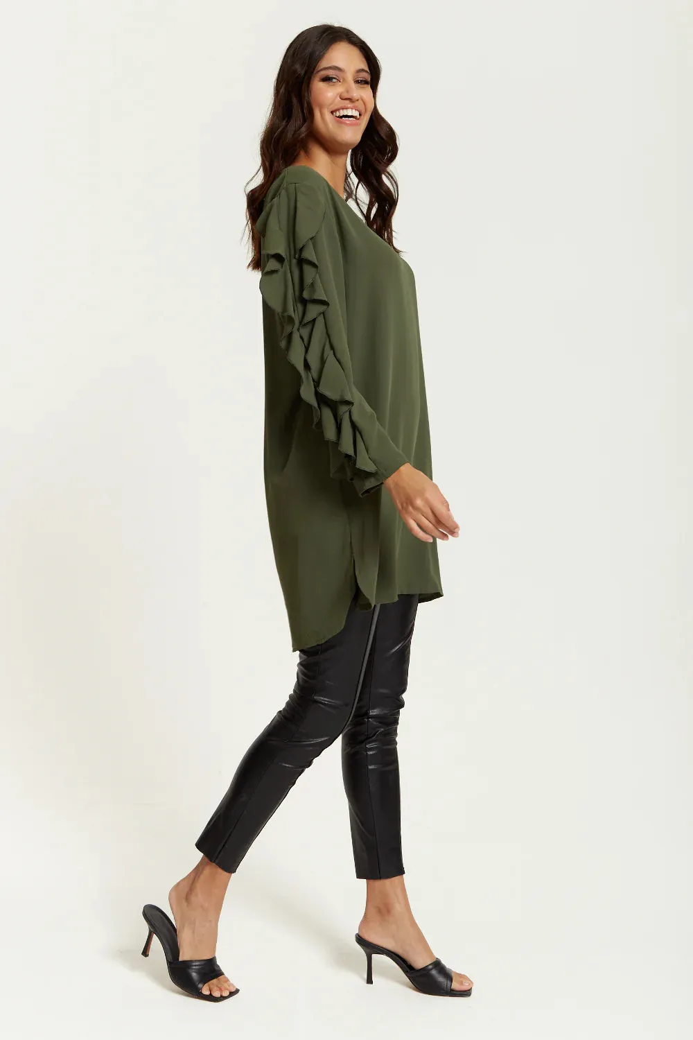 Hoxton Gal Oversized V Neck Ruffle Sleeves Tunic