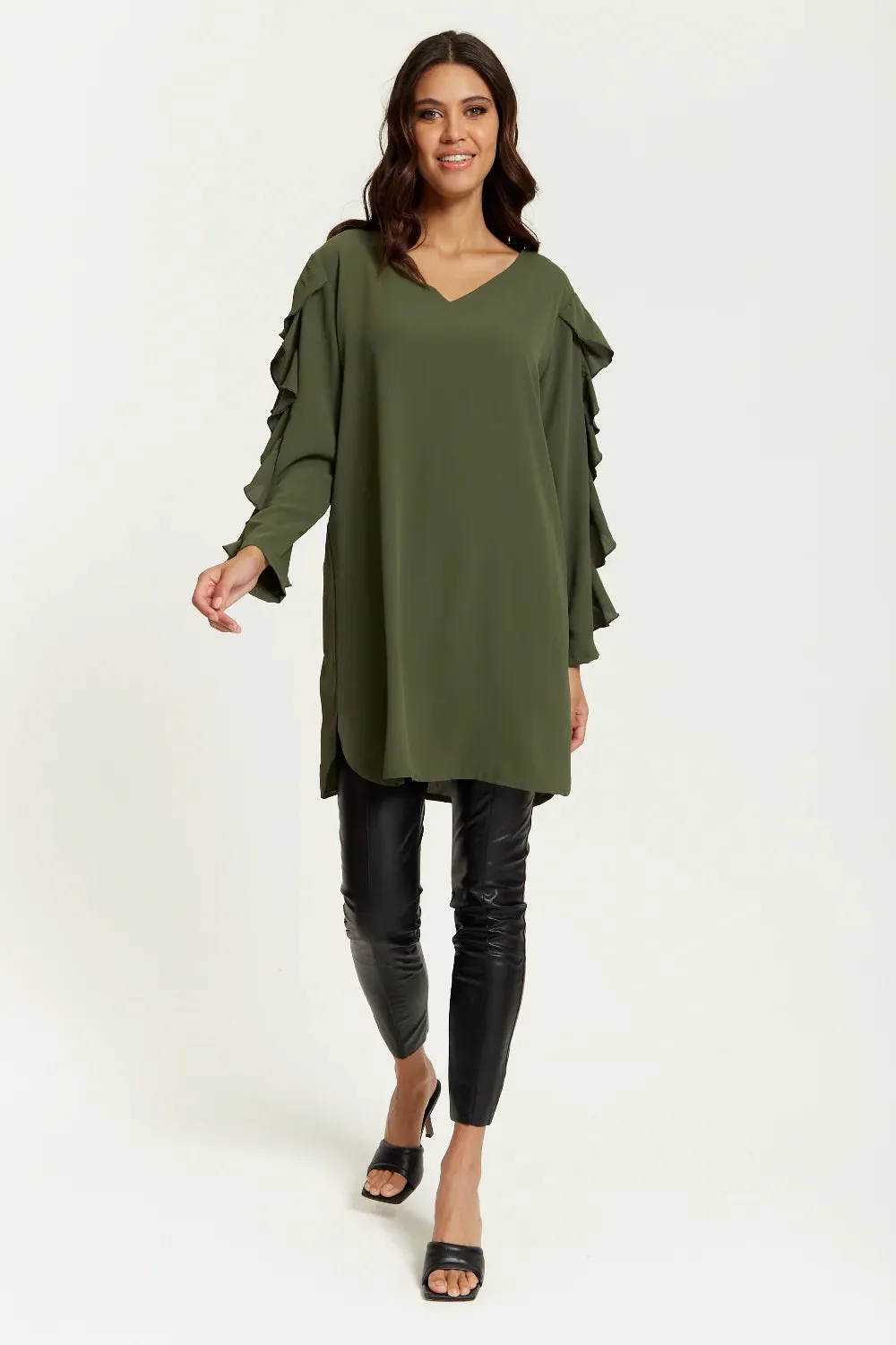 Hoxton Gal Oversized V Neck Ruffle Sleeves Tunic