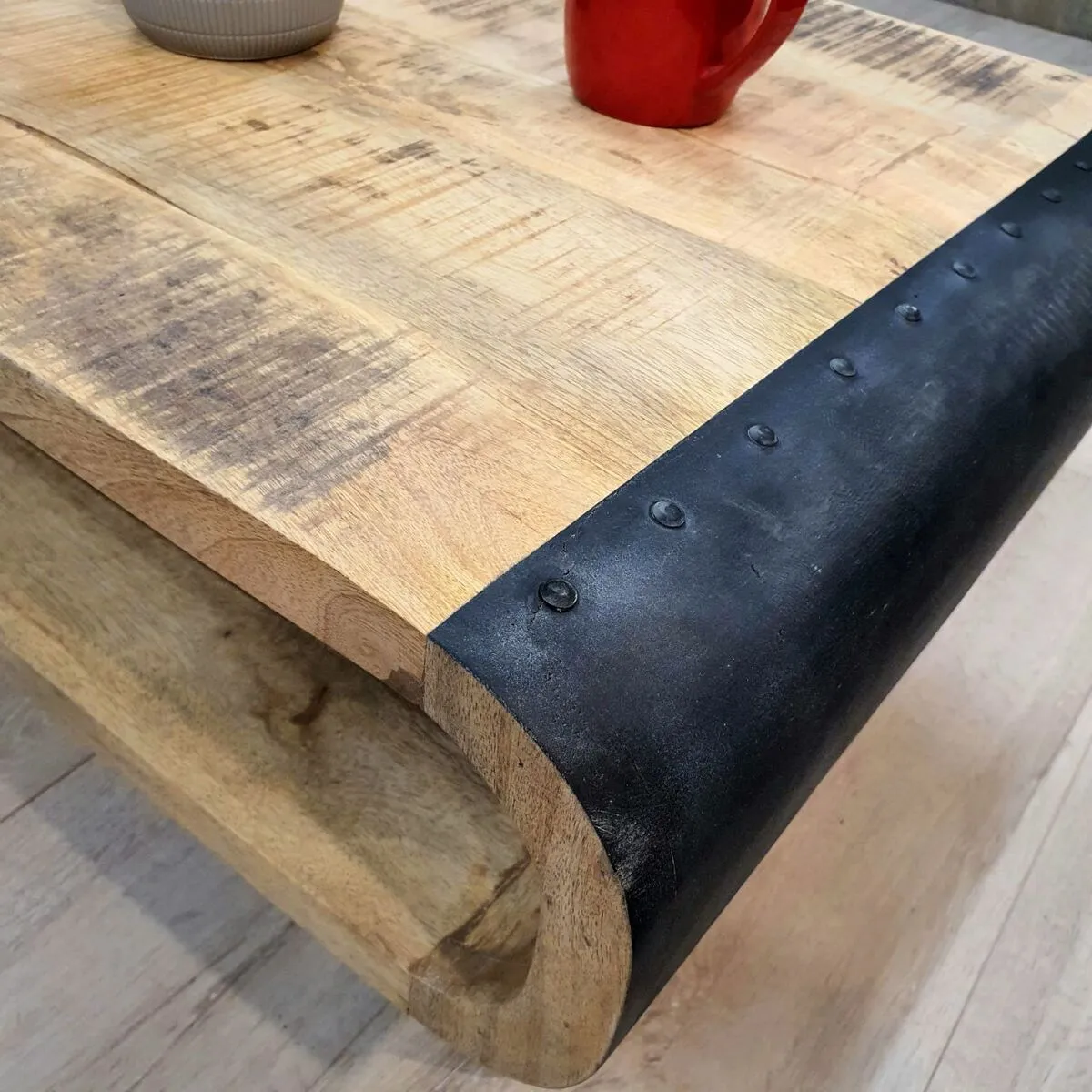 Industrial style Coffee Table 90cm with Rough Mango Wood Finish -The Oxley.