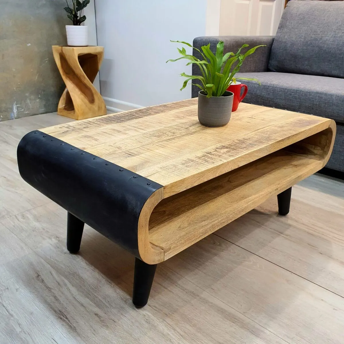 Industrial style Coffee Table 90cm with Rough Mango Wood Finish -The Oxley.