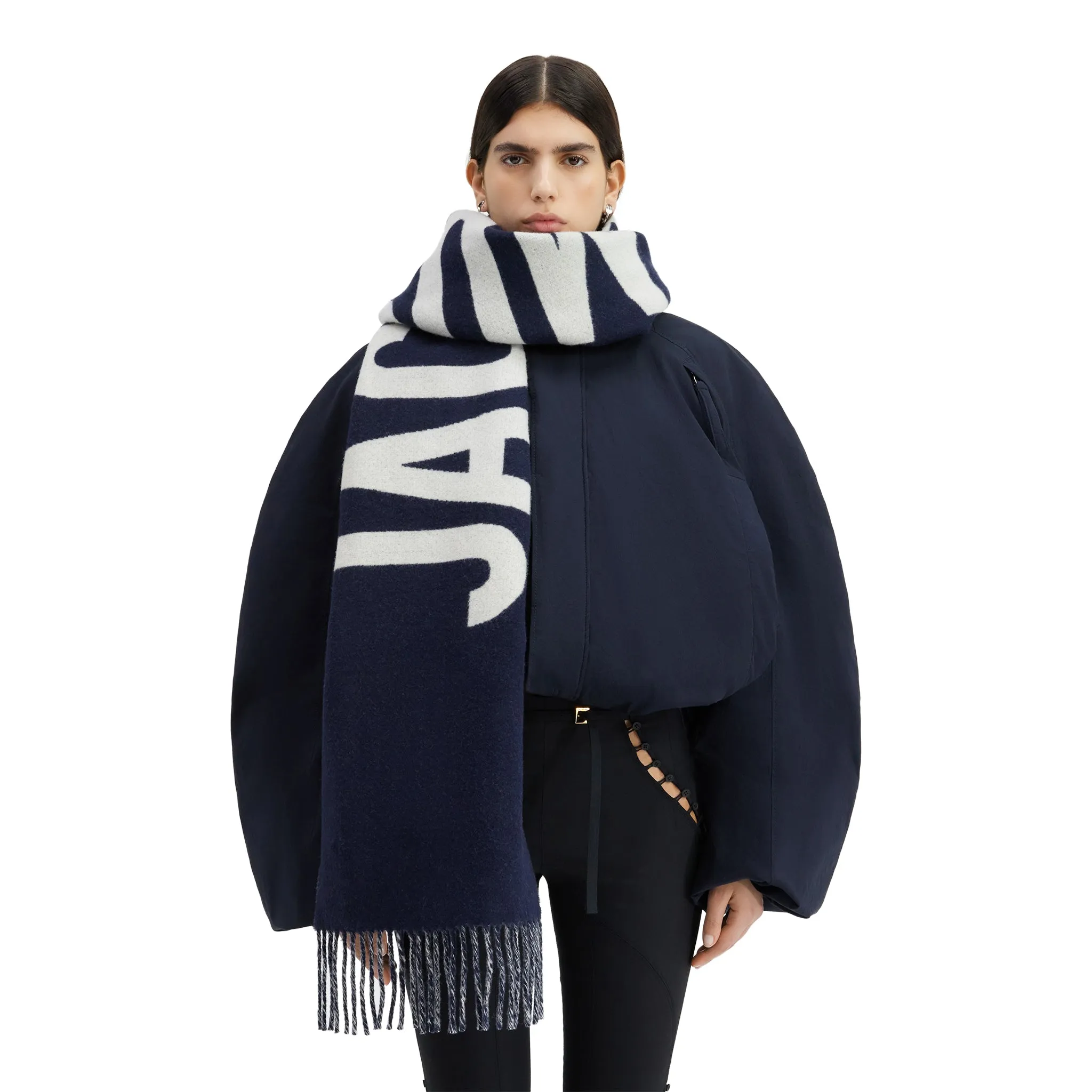 Jacquemus L'echarpe Fringe Logo Navy Scarf