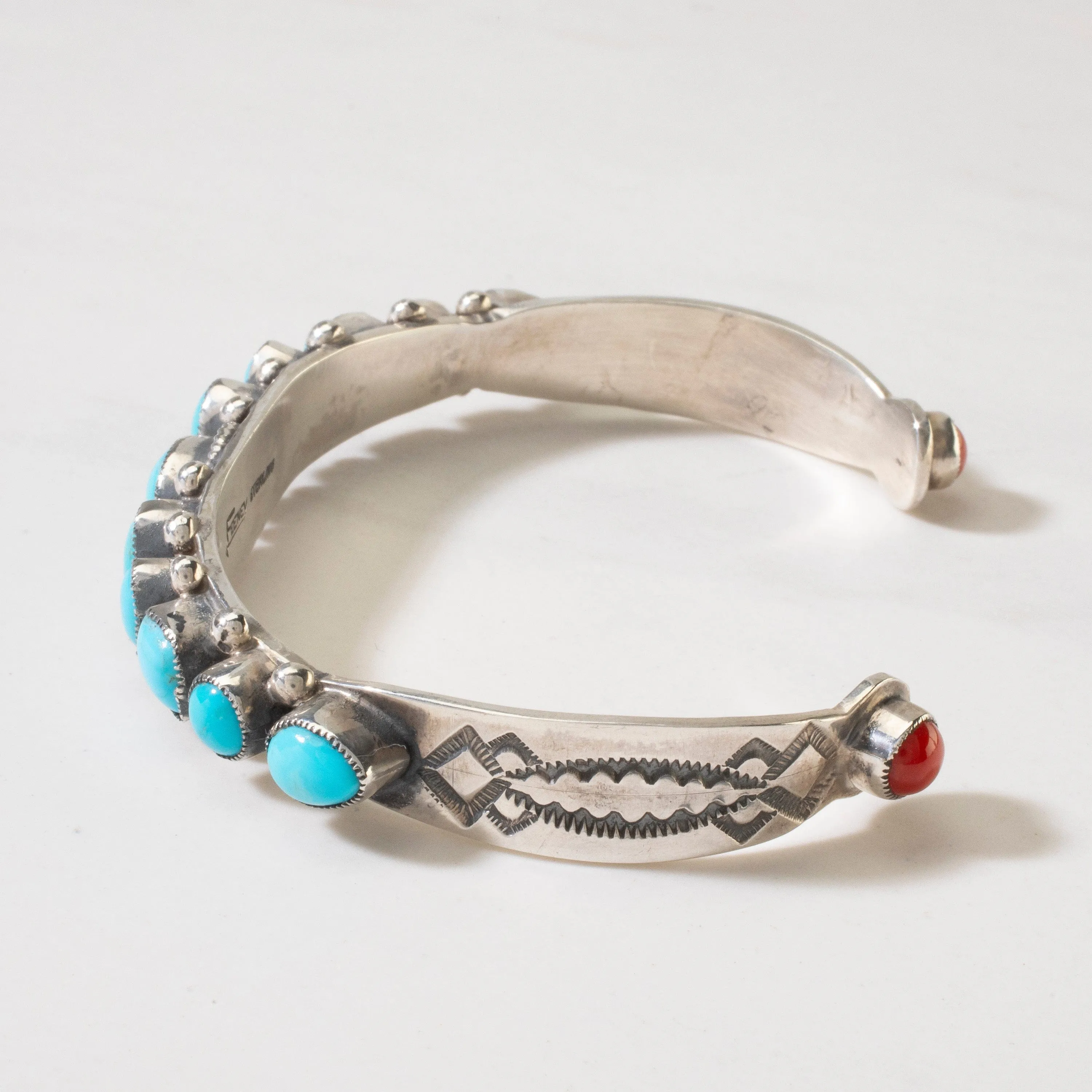 Leo Feeney Navajo Sleeping Beauty Turquoise & Red Coral USA Native American Made 925 Sterling Silver Cuff