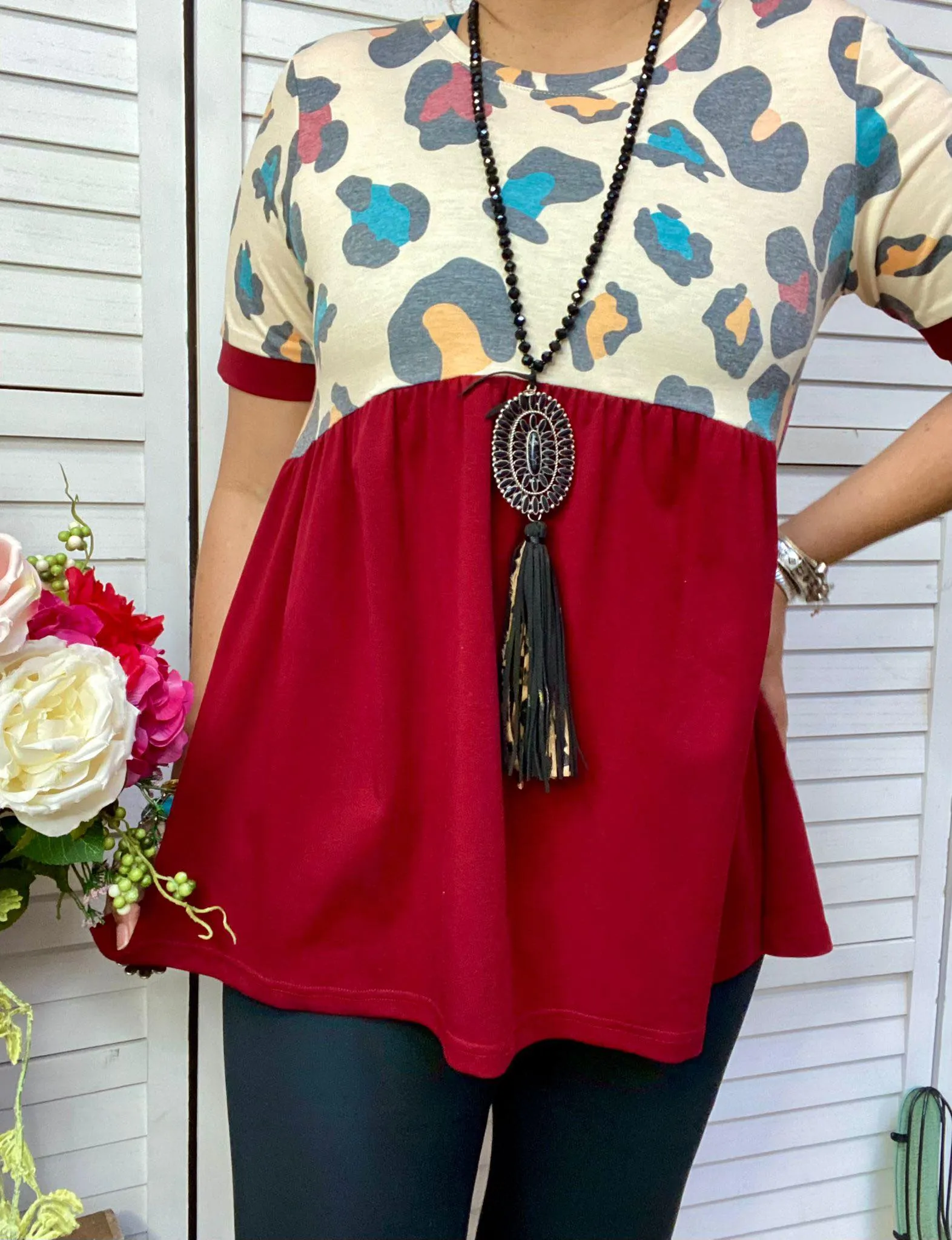 Leopard and Maroon baby doll top