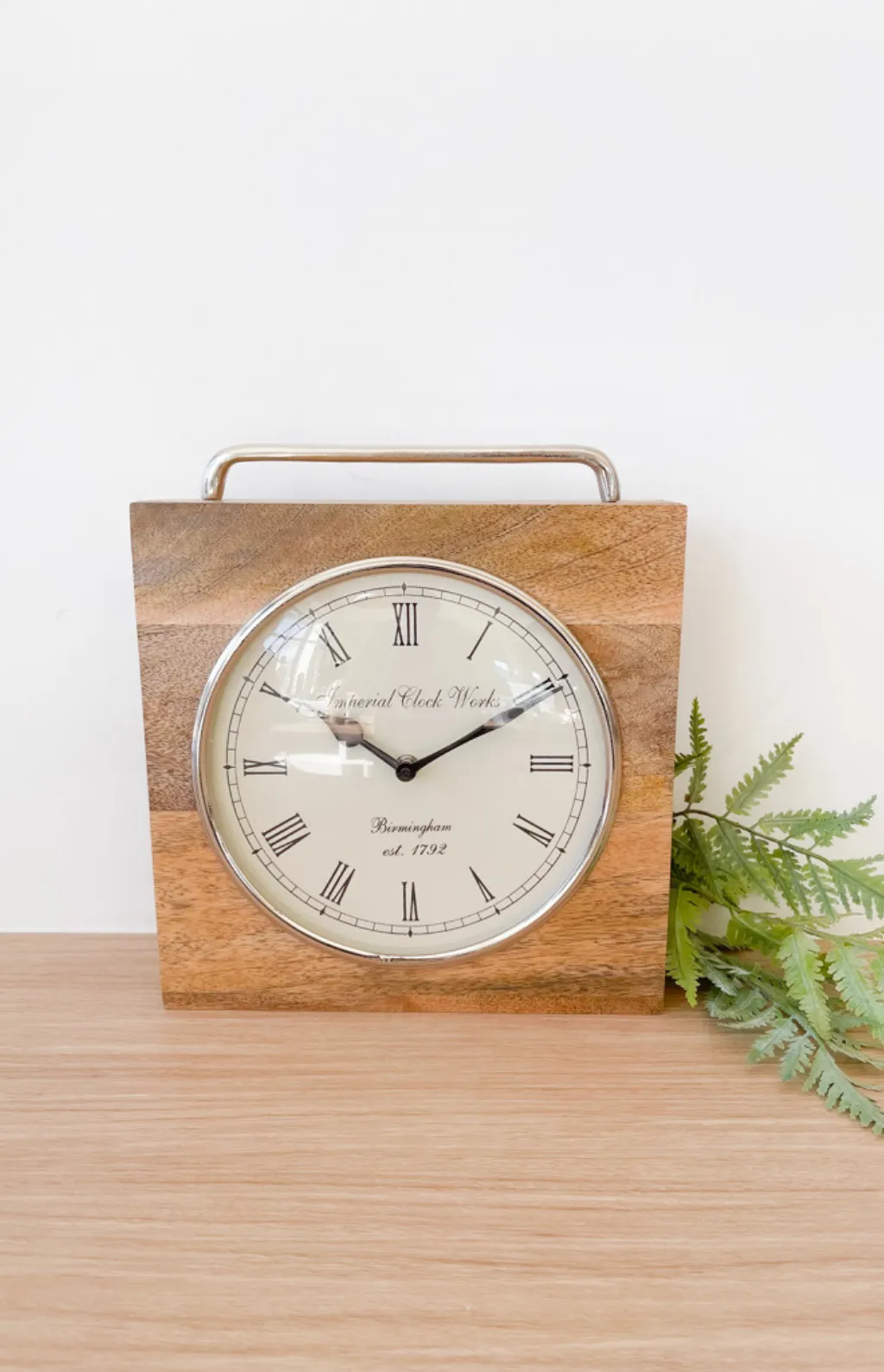 Mango Wood Clock w/ Silver Handle