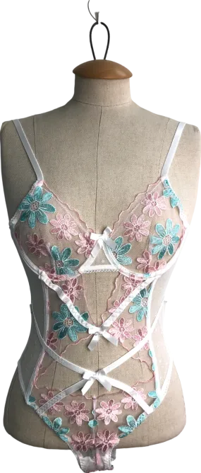 Nasty Gal White Floral Embroidered Scallop Bow Trim Cut Out Lingerie Bodysuit UK 8