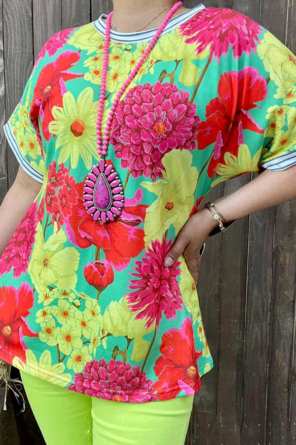 Neon floral top with striped trim