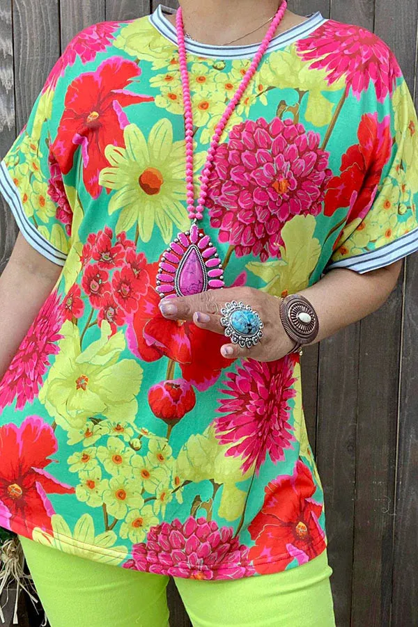 Neon floral top with striped trim