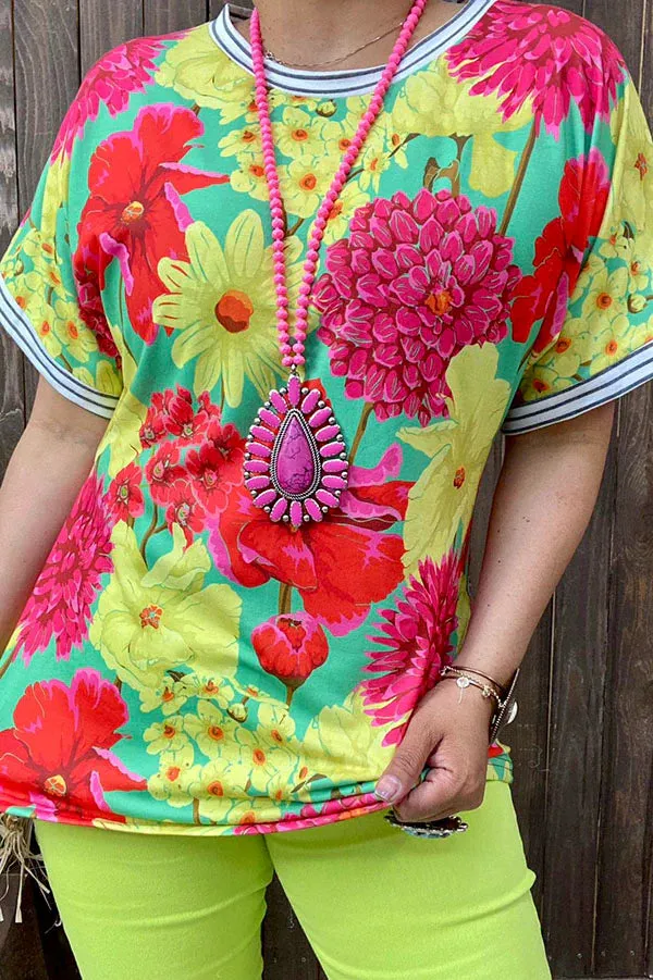 Neon floral top with striped trim