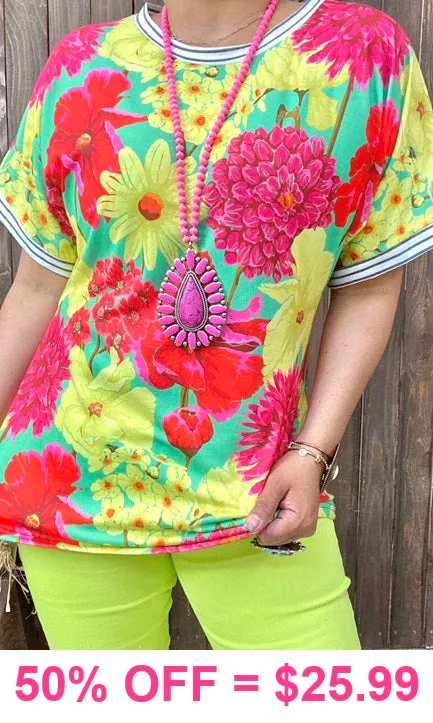 Neon floral top with striped trim