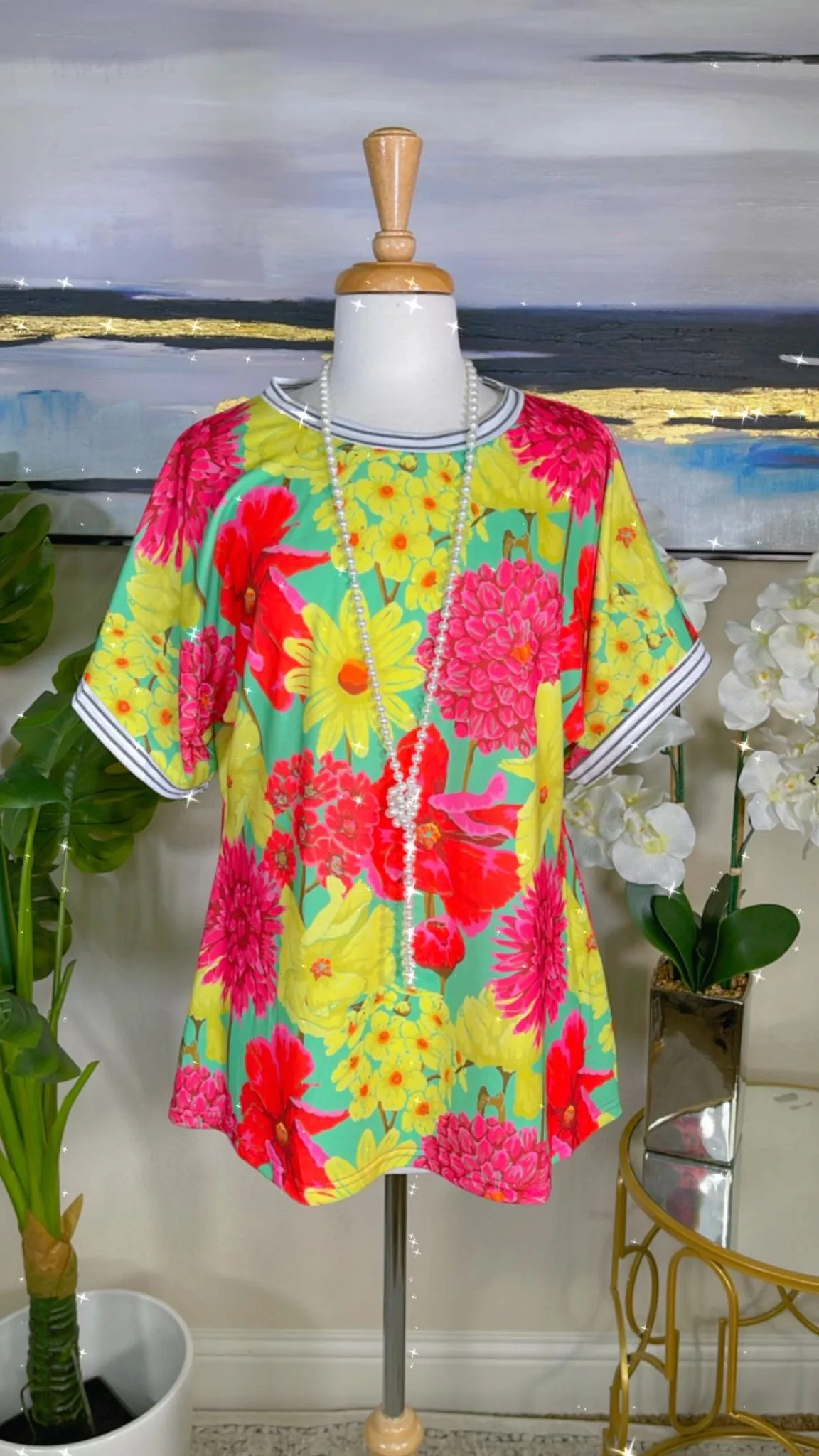 Neon floral top with striped trim