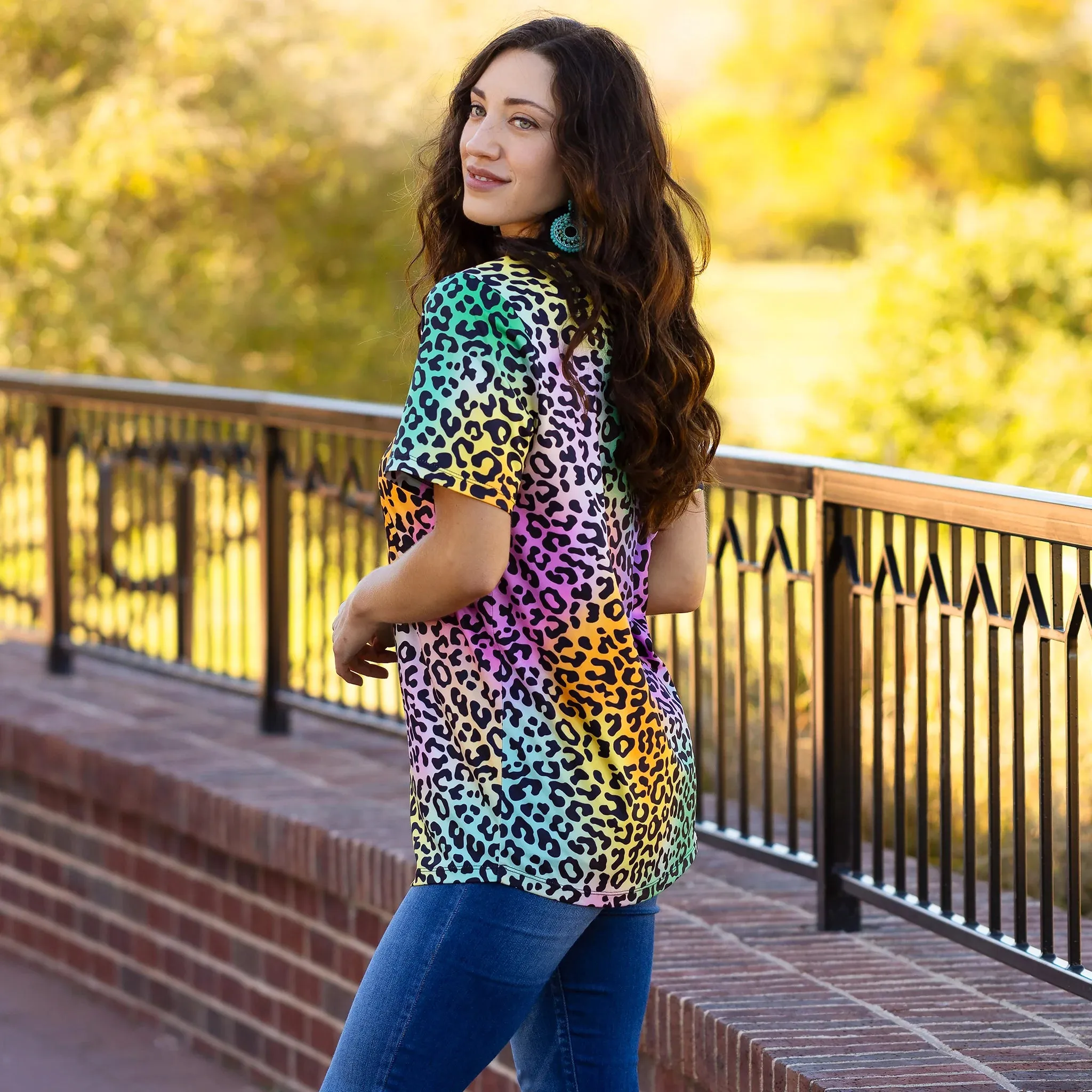 Purple, Green, Yellow leopard short sleeve top