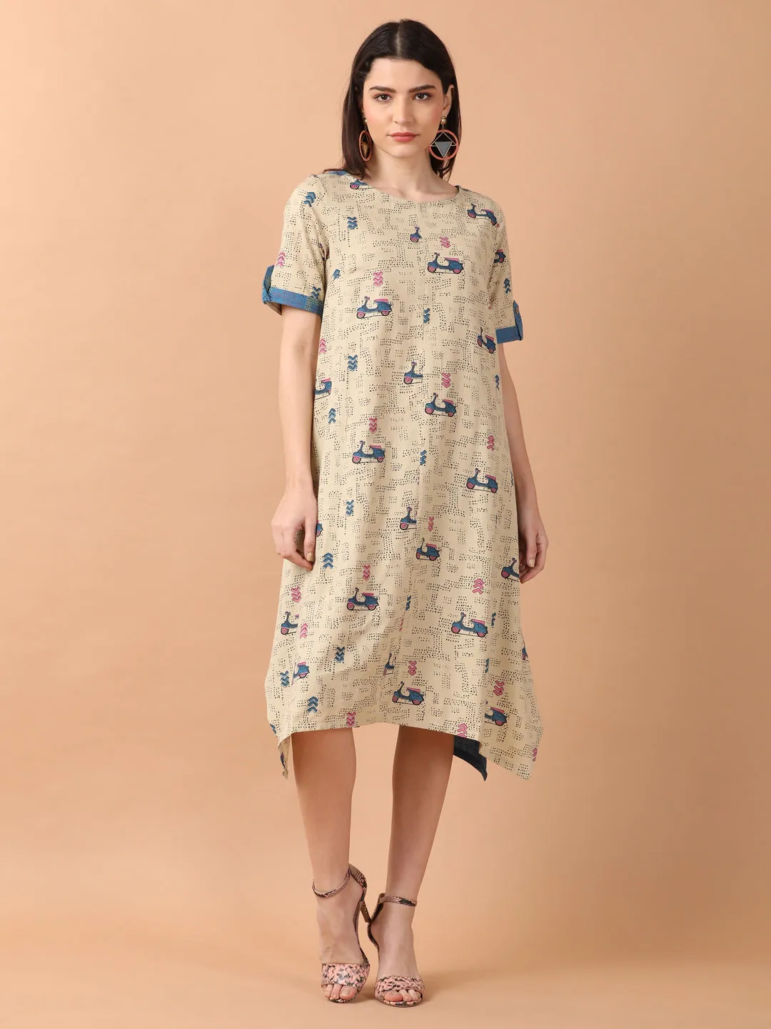 Scooter Motif Printed a Line Wrap Dress