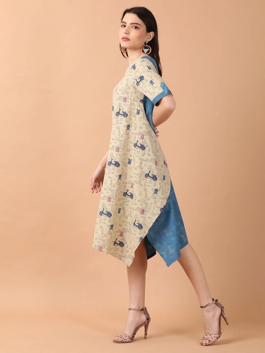 Scooter Motif Printed a Line Wrap Dress