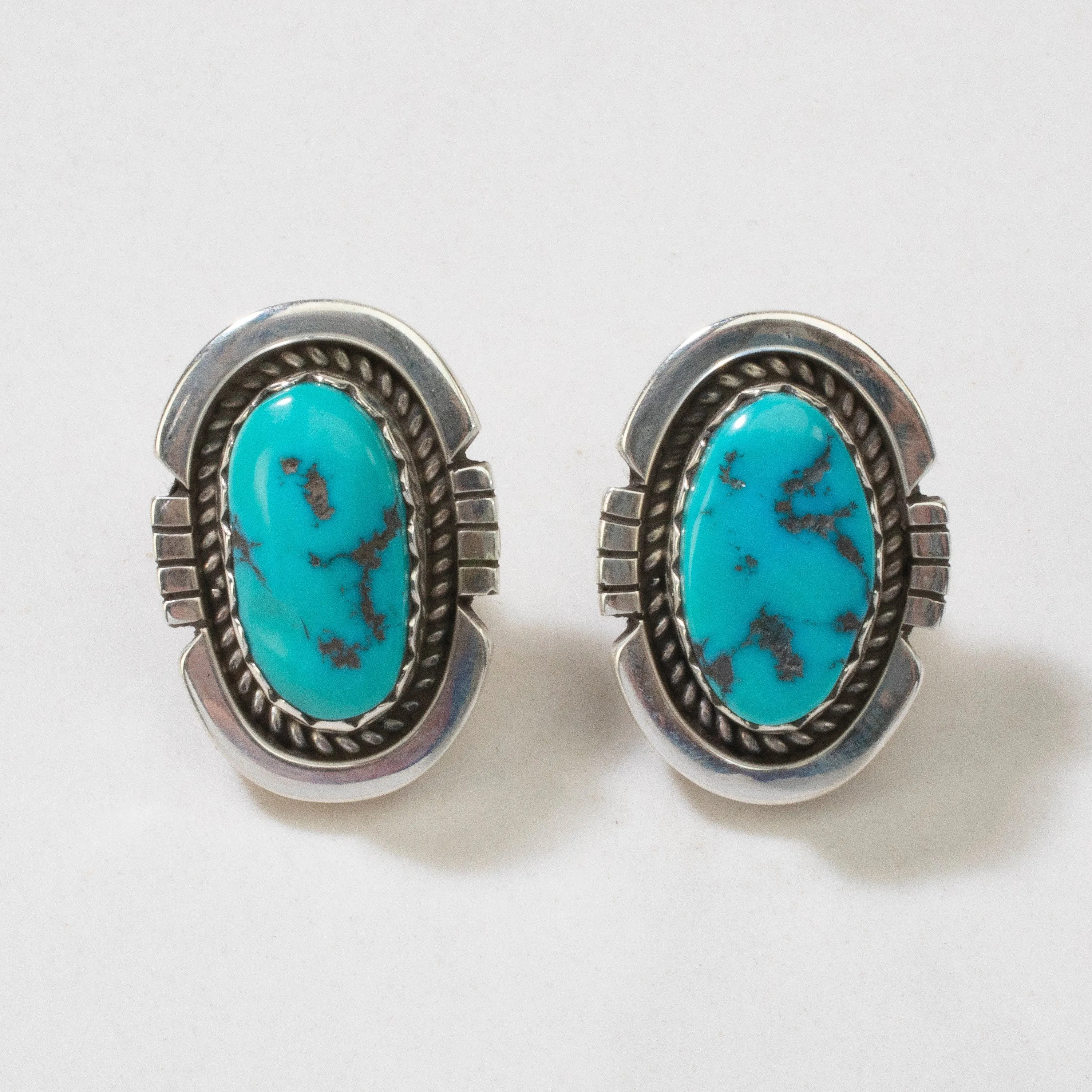 Sleeping Beauty Oval Navajo USA Native American Made 925 Sterling Silver Earrings with Stud Backing