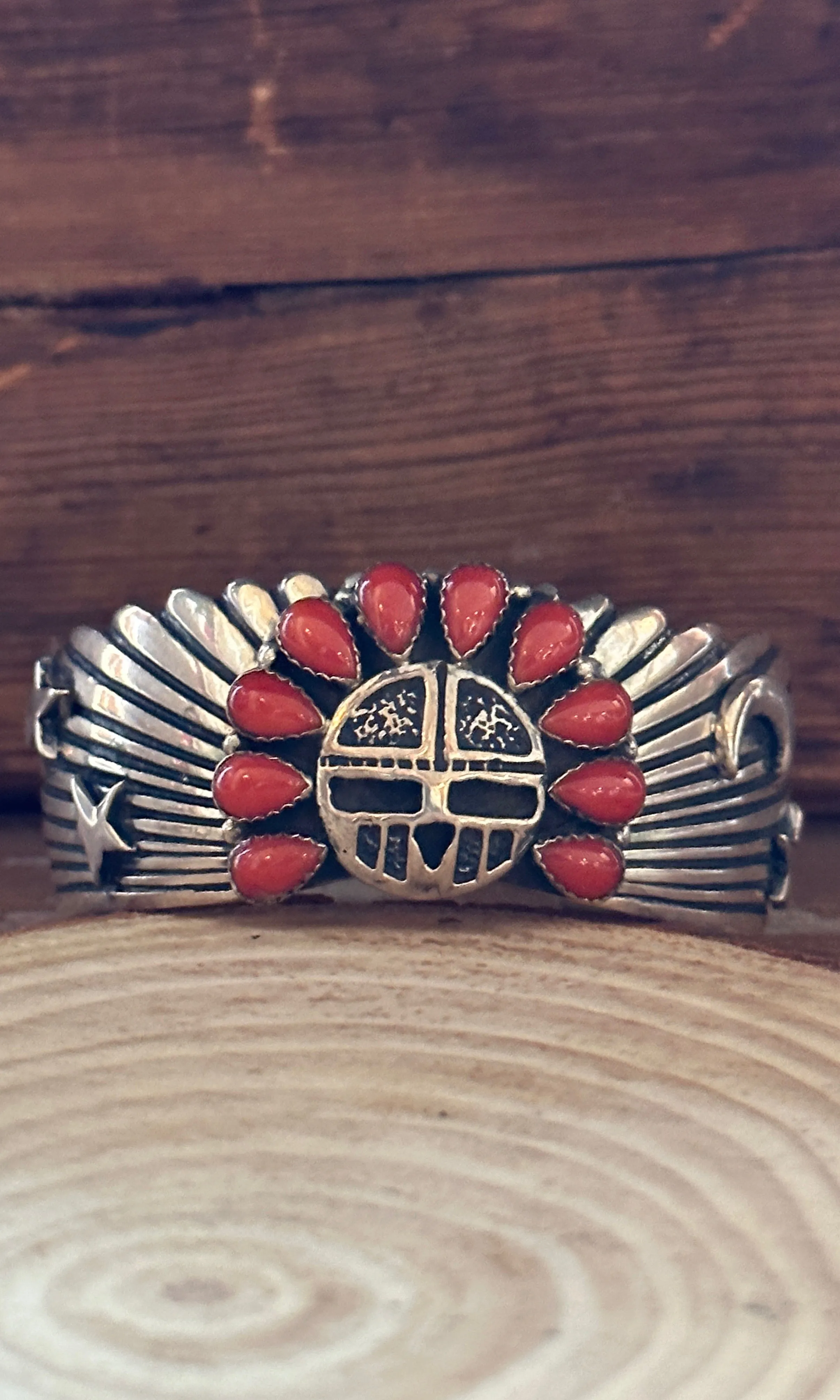 SUN WORSHIP Shakey Silver & Coral Navajo Celestial Cuff