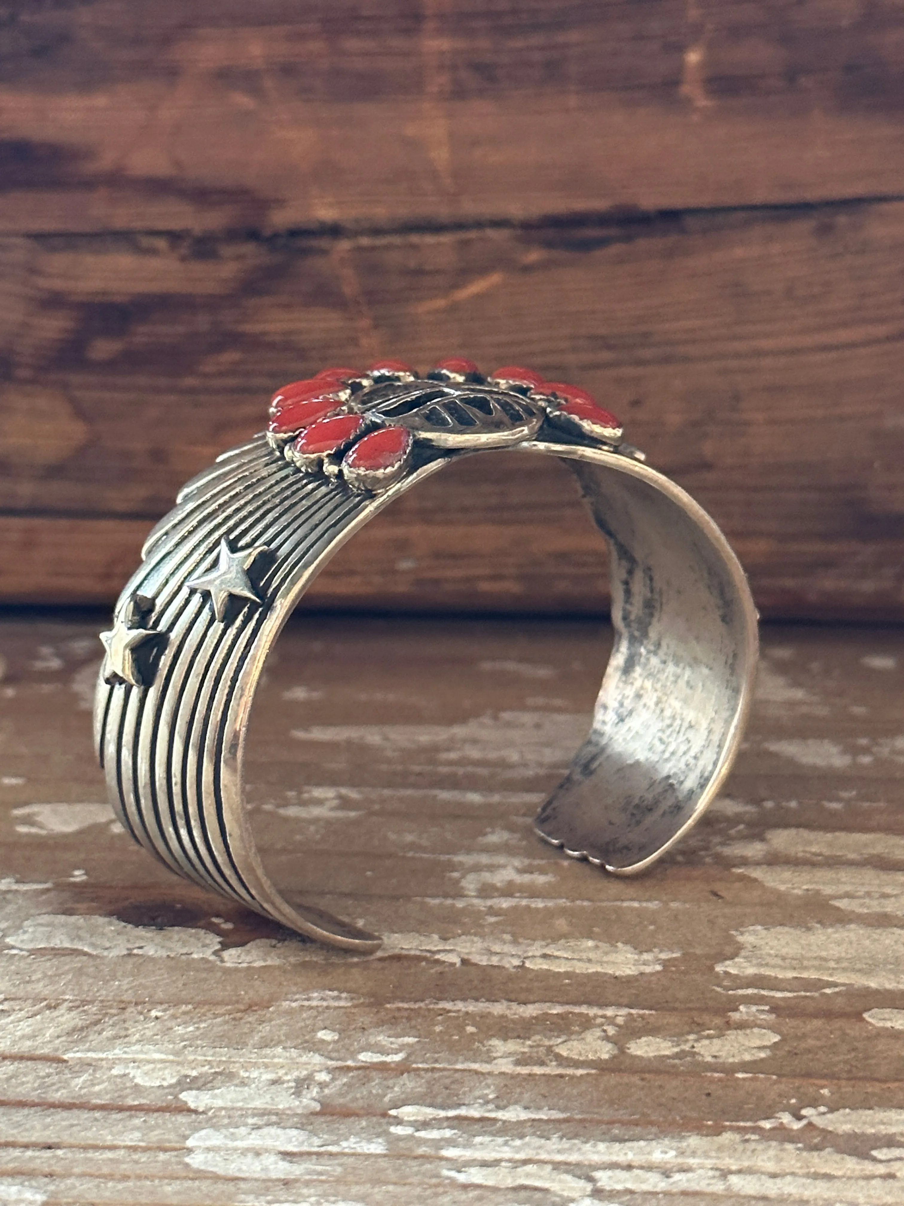 SUN WORSHIP Shakey Silver & Coral Navajo Celestial Cuff