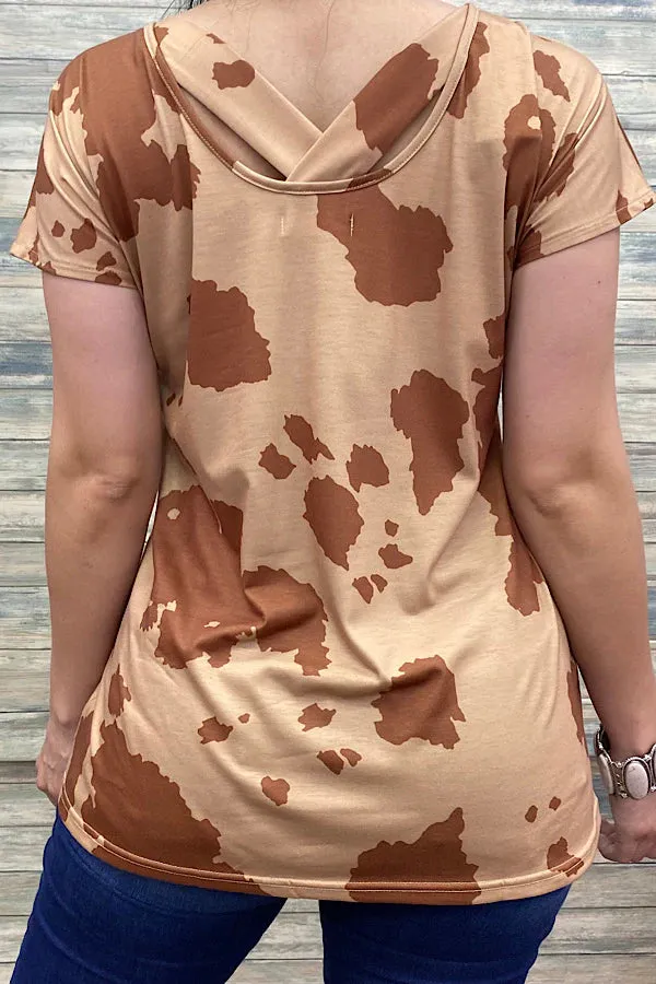 Tan & Brown Cow Print short sleeve top, criss cross back