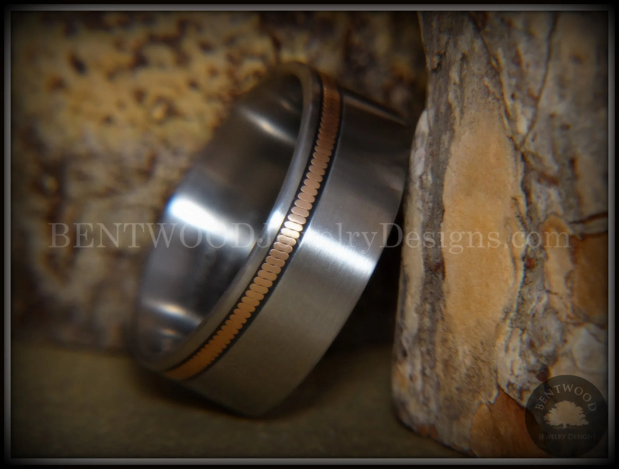 Tazzy Bentwood Ring - Rufus Bronze Guitar String Offset Inlay on Surgical Grade Hypo-Allergenic Stainless Steel Core