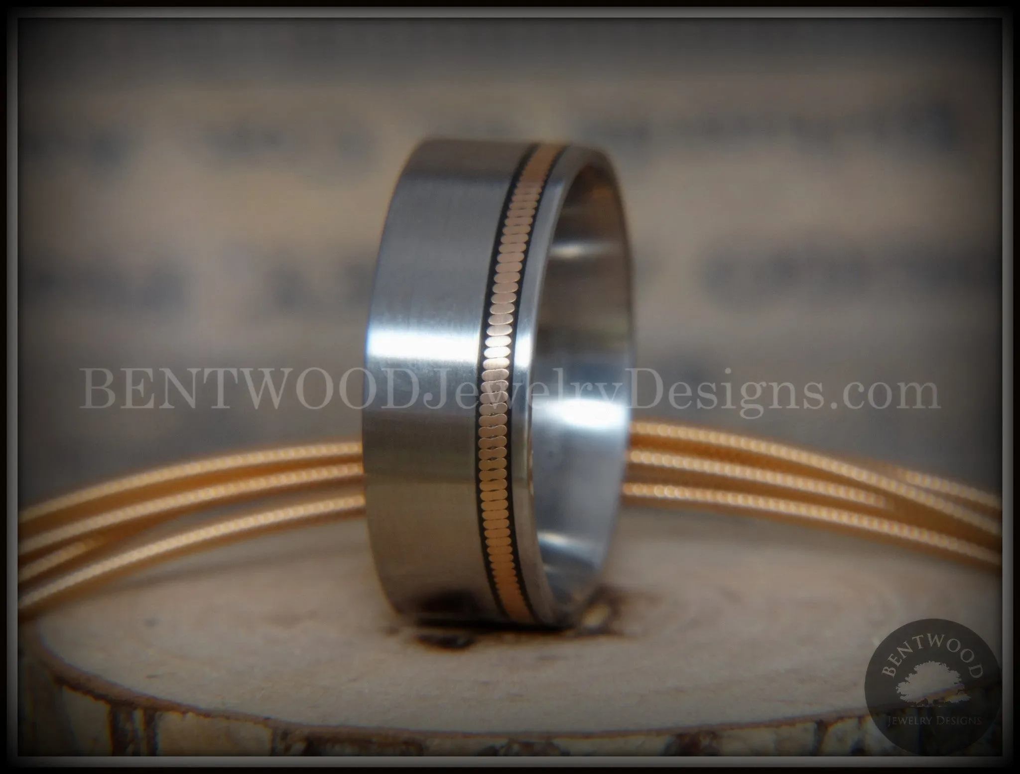 Tazzy Bentwood Ring - Rufus Bronze Guitar String Offset Inlay on Surgical Grade Hypo-Allergenic Stainless Steel Core