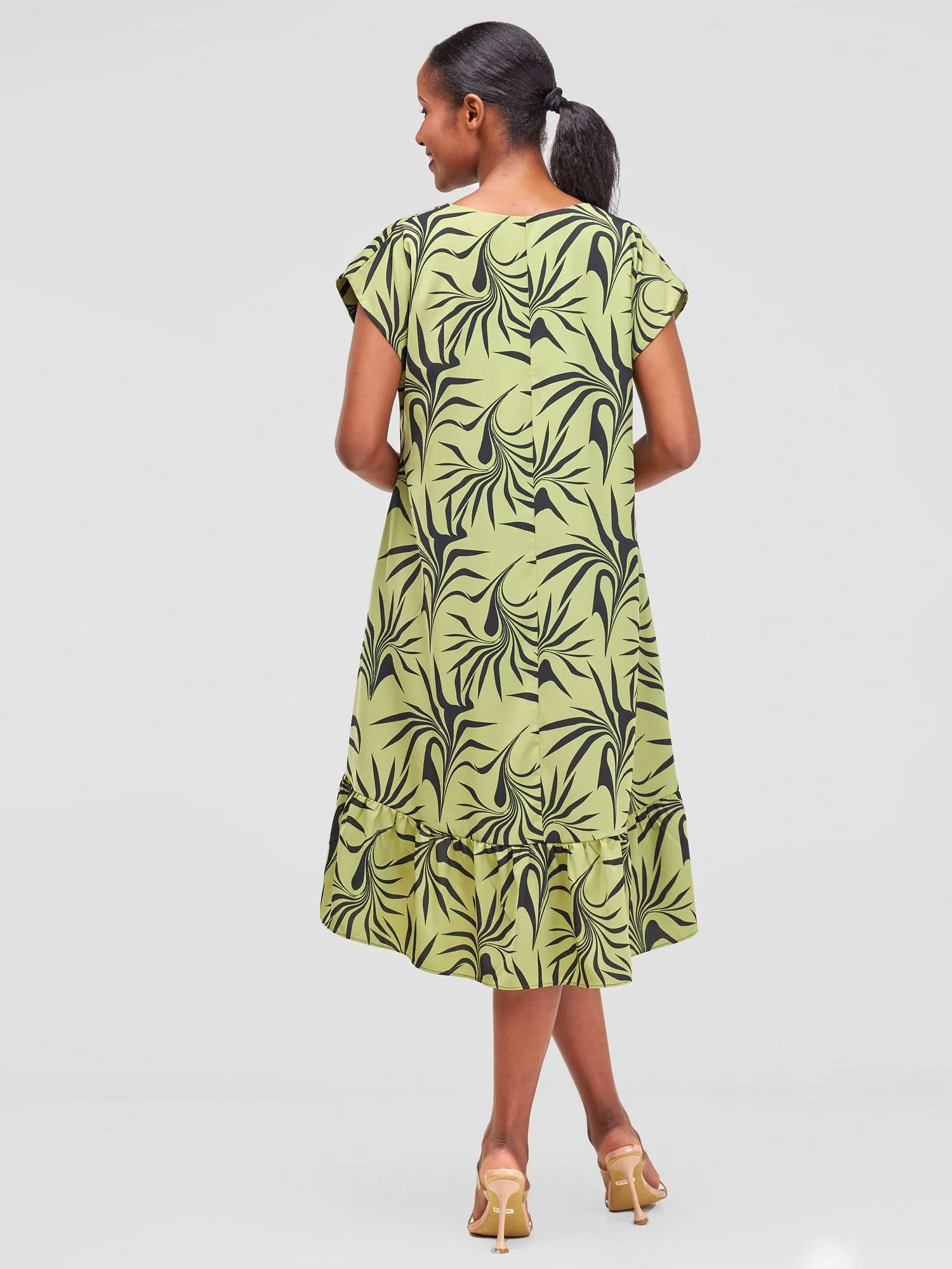 Vivo Asha Drop Shoulder Knee Length Dress - Lime Green / Black Tezo Print