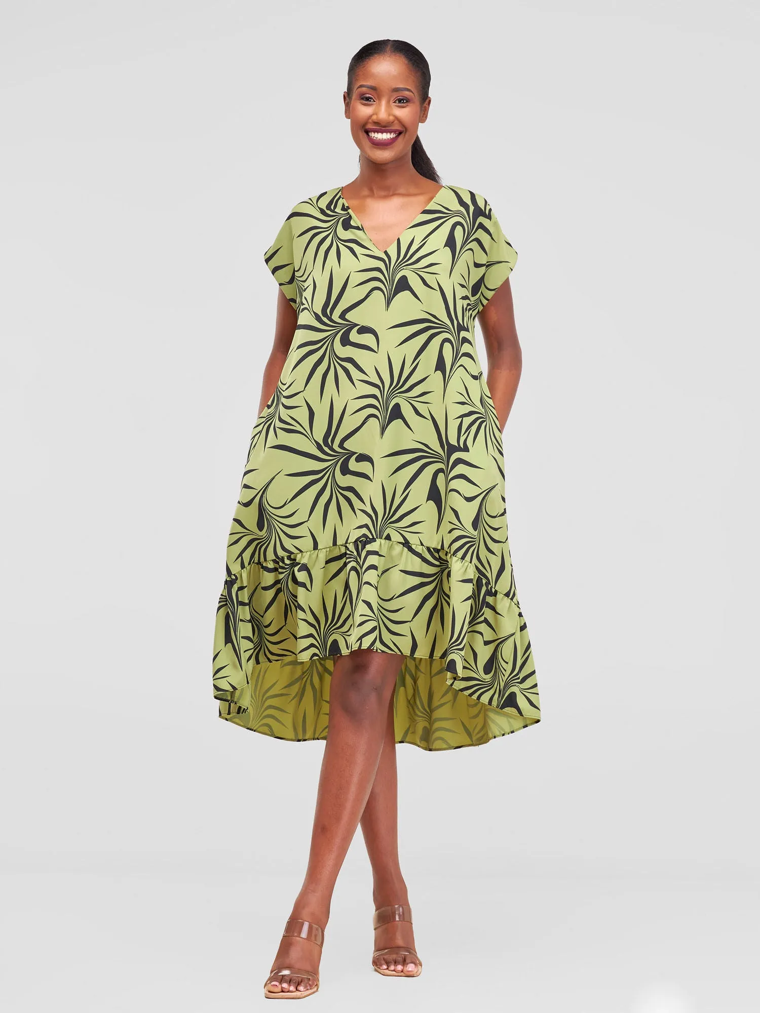 Vivo Asha Drop Shoulder Knee Length Dress - Lime Green / Black Tezo Print