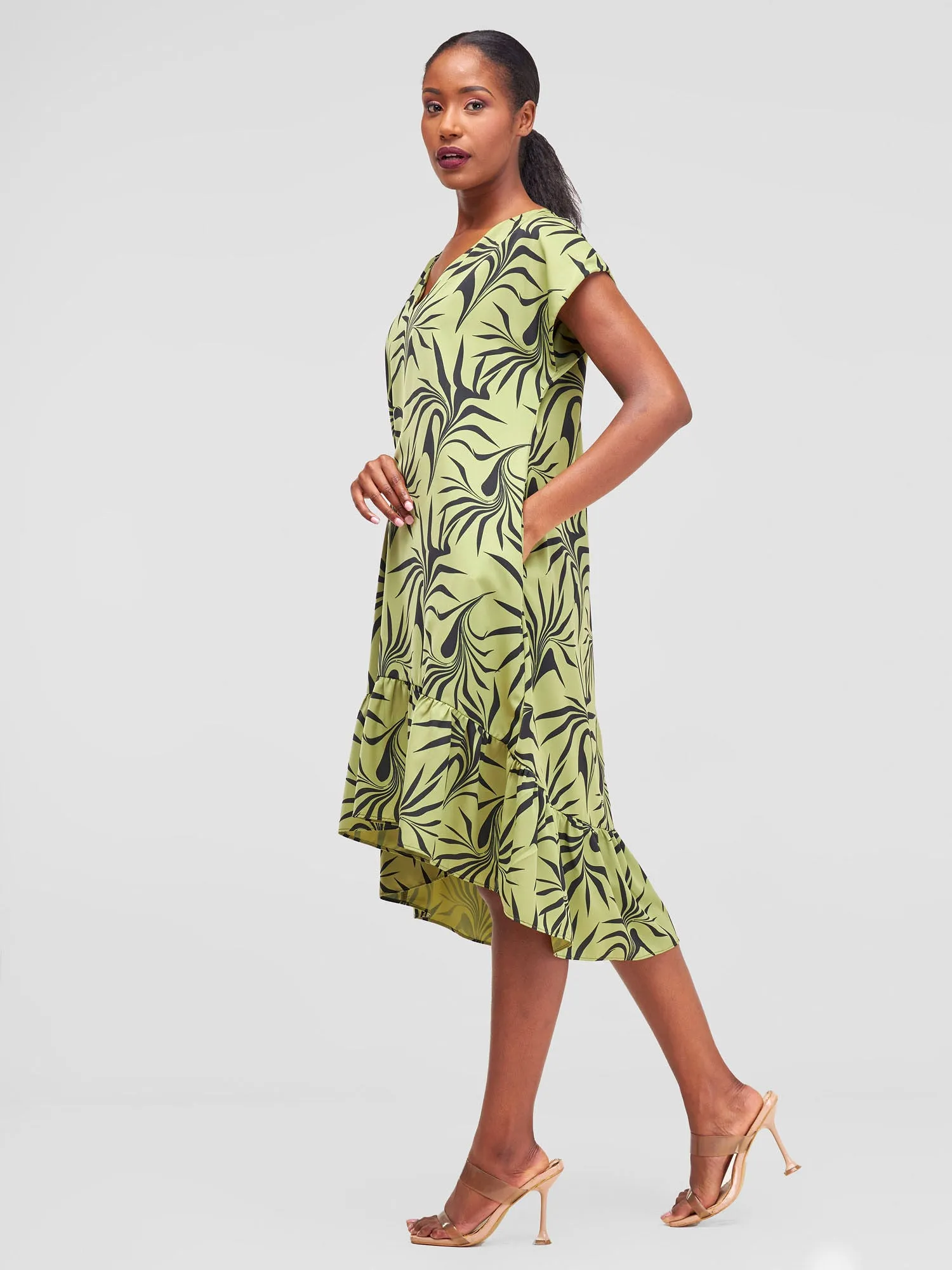 Vivo Asha Drop Shoulder Knee Length Dress - Lime Green / Black Tezo Print