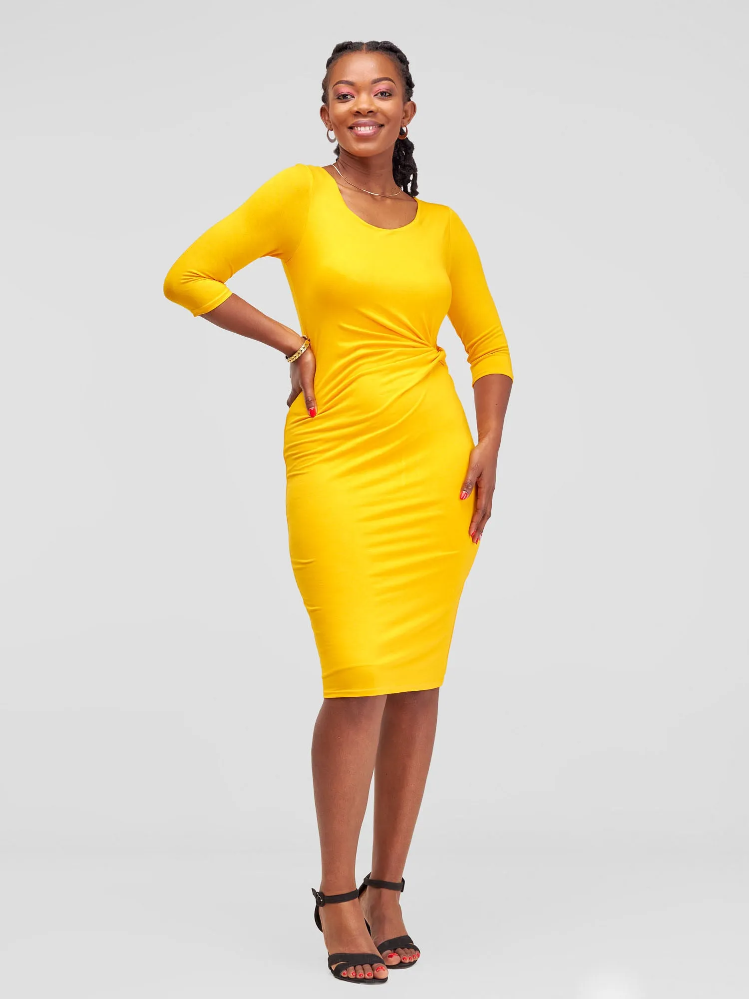 Vivo Basic Side Twist Knee Length Dress - Safron