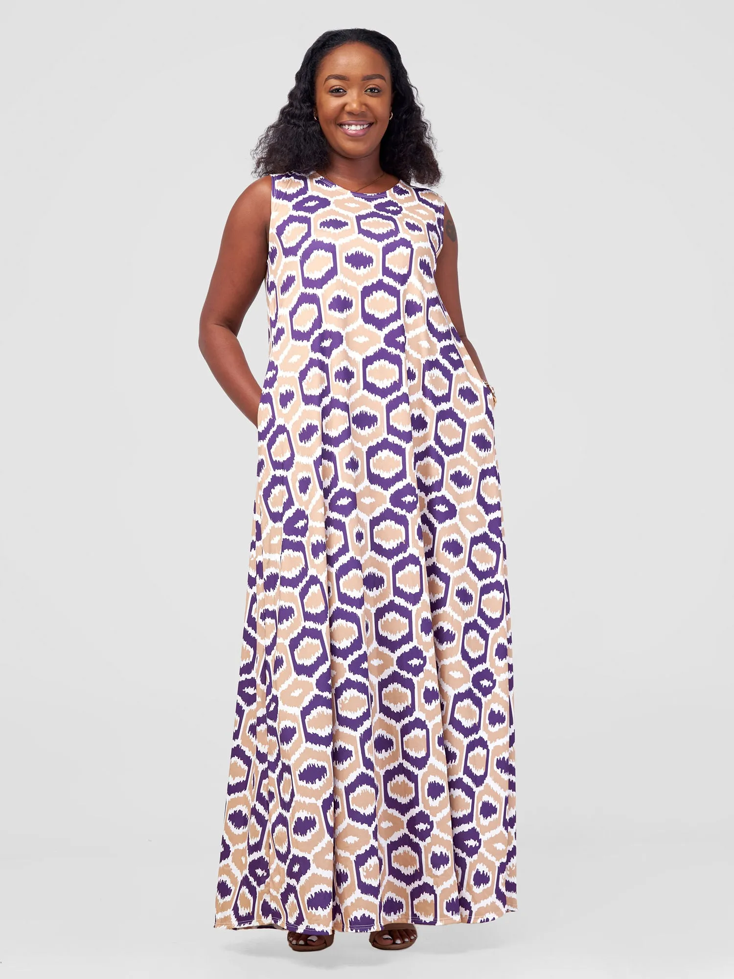 Vivo Lumi Back Pleat Maxi Dress - Purple Abstract Print