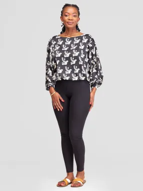 Vivo Sawari Crossed Cuff Batwing Top - Cream / Black Print