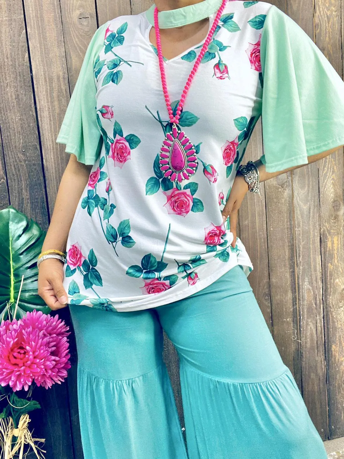 White Floral Blouse with mint flutter sleeves